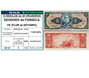 Artigos de coleção - Fotos para 5 CÉDULAS FE - 20 CRUZEIROS -DEODORO da FONSECA
