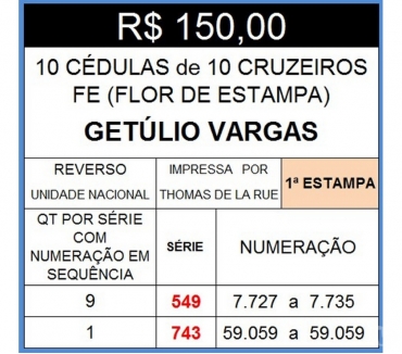 Colecionadores - Fotos para 10 CÉDULAS - GETÚLIO VARGAS - 10 CRUZEIROS FE (FLOR DE ESTAM